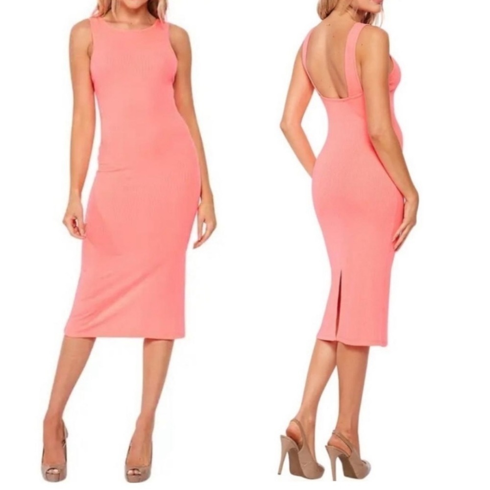NWT! Nordstrom Velvet Torch Open Back Coral Tank Midi Ribbed Dress - Size Large